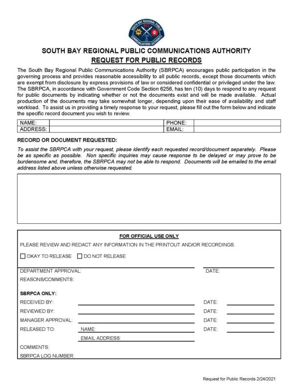 Request for Public Records South Bay Regional Public Communications